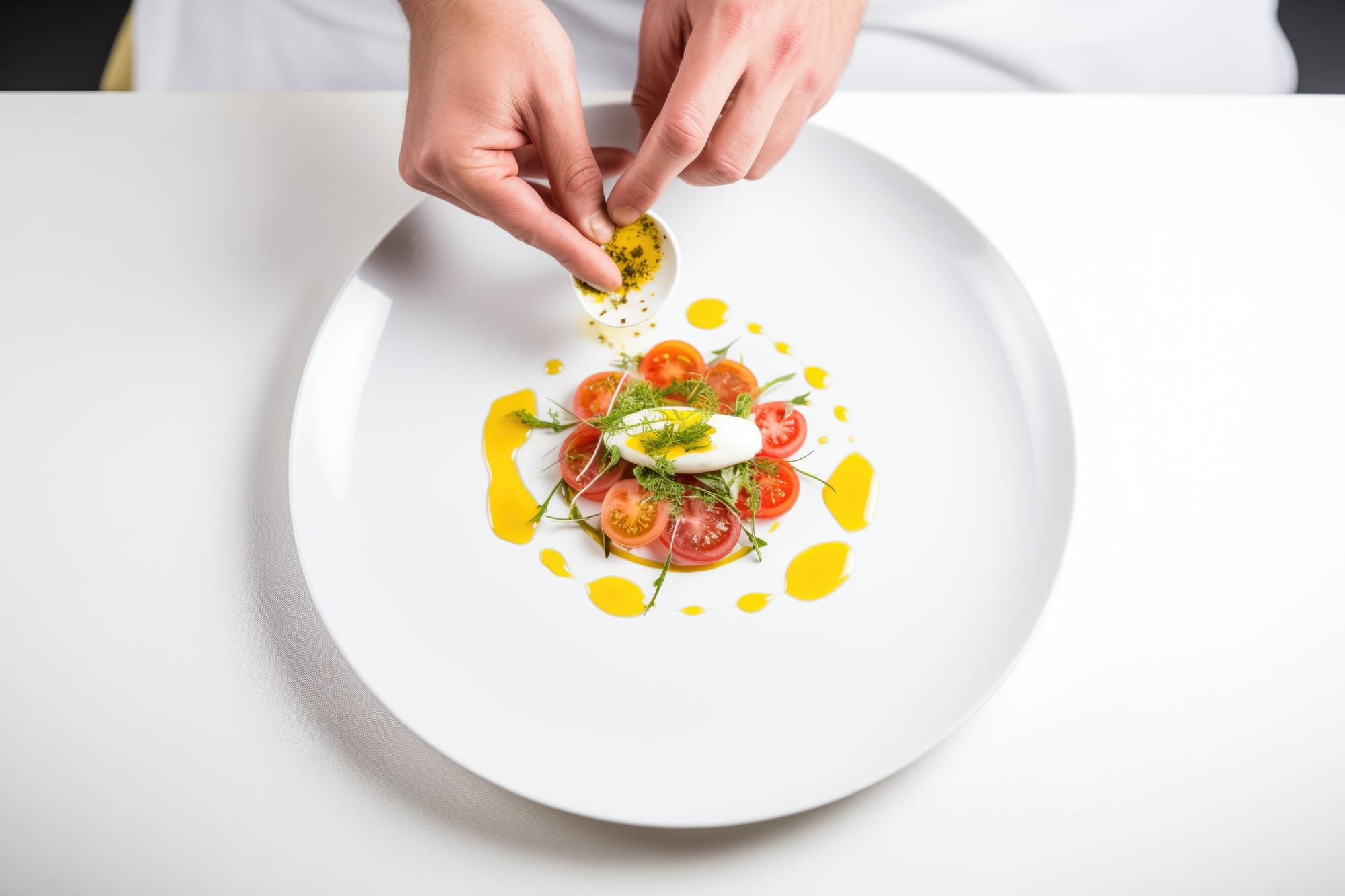 Chef plating a modern dish in a bright kitchen